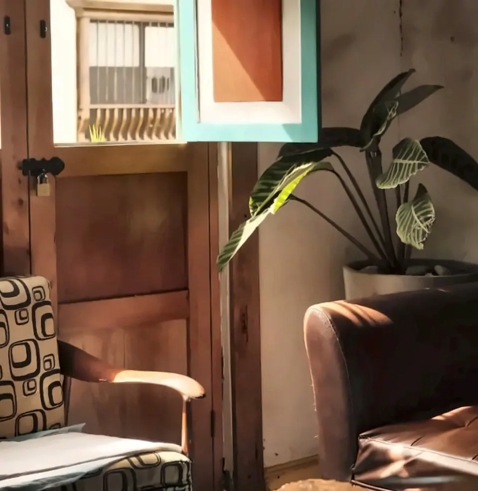 Rincón de la sala común con sillón de cuero, butaca estampada, una planta grande y una ventana de marco turquesa